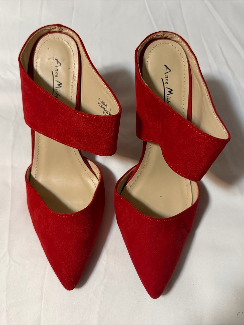 Anne Michelle Red Pointed Strap Suede Heels